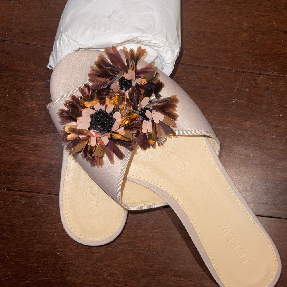 J. Crew Women's Floral Embellished Slide Sandals - BEIGE 7 NWOT - Picture 2 of 8